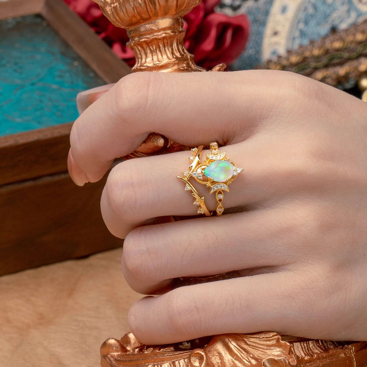 Unique Pear Shaped Opal Engagement Ring Bridal Set