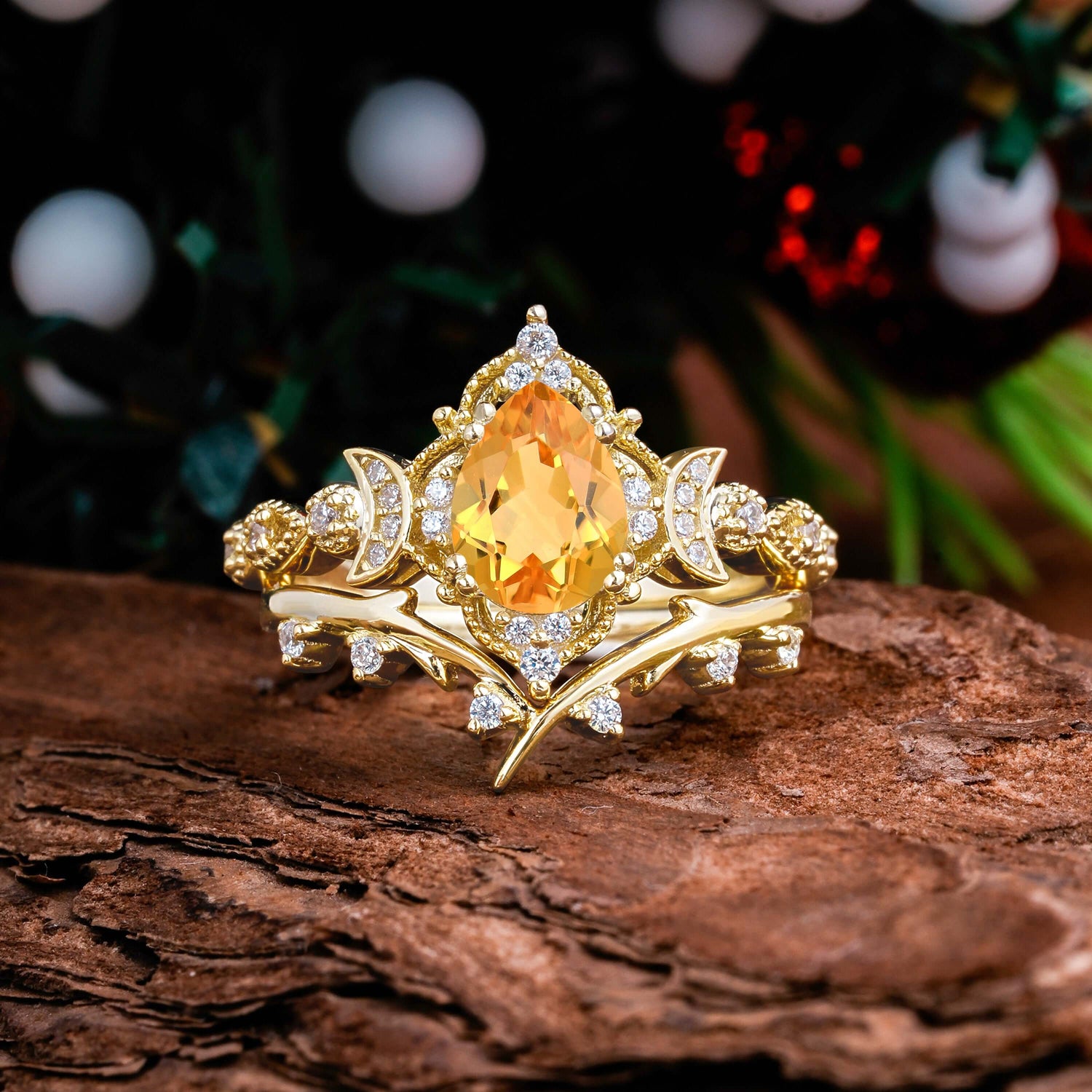 Unique Pear Shaped Engagement Ring Set Citrine Cluster Wedding Band