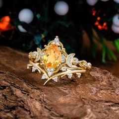 Unique Pear Shaped Engagement Ring Set Citrine Cluster Wedding Band