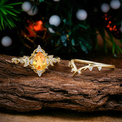Unique Pear Shaped Engagement Ring Set Citrine Cluster Wedding Band