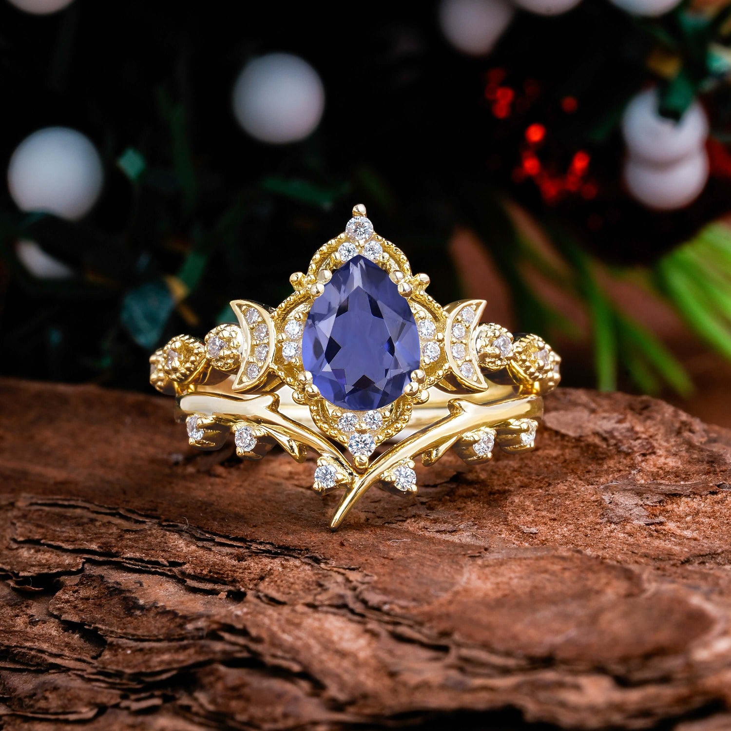 Unique Pear Shaped Tanzanite Engagement Ring Bridal Set