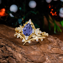 Unique Pear Shaped Engagement Ring Set Tanzanite Cluster Wedding Band