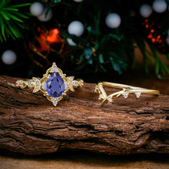 Unique Pear Shaped Engagement Ring Set Tanzanite Cluster Wedding Band