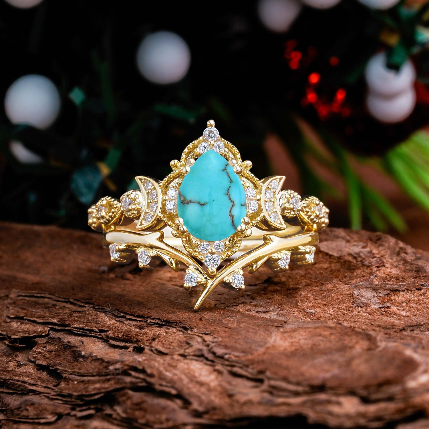 Unique Pear Shaped Turquoise Engagement Ring Bridal Set
