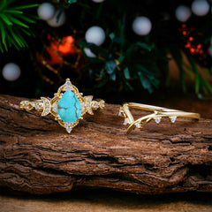 Unique Pear Shaped Engagement Ring Set Turquoise Cluster Wedding Band