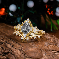 Unique Pear Shaped Engagement Ring Set Black Rutilated Quartz Cluster Wedding Band