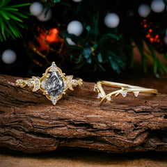 Unique Pear Shaped Engagement Ring Set Black Rutilated Quartz Cluster Wedding Band