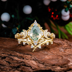 Unique Pear Shaped Engagement Ring Set Natural Moss Agate Cluster Wedding Band