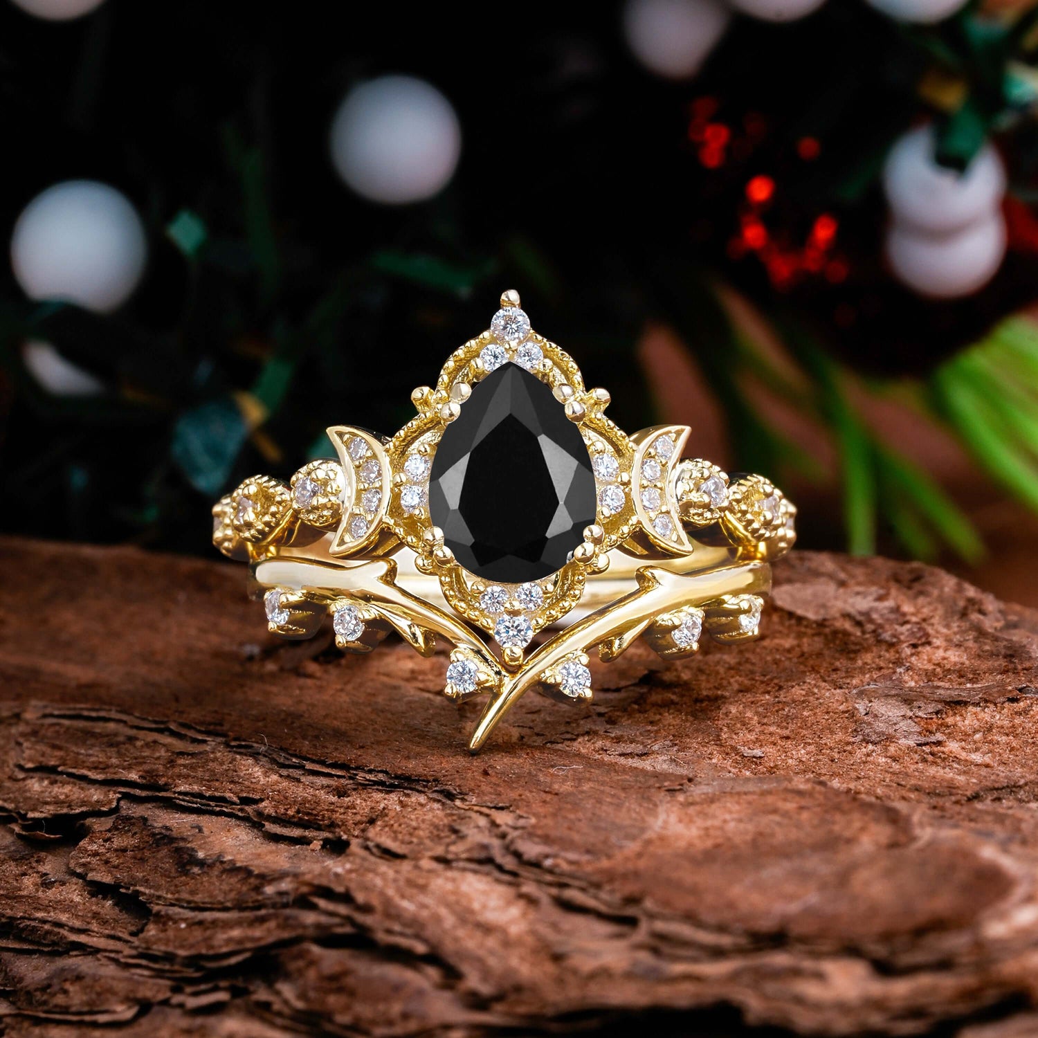 Unique Pear Shaped Black Onyx Engagement Ring Bridal Set