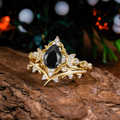 Unique Pear Shaped Engagement Ring Set Black Onyx Cluster Wedding Band