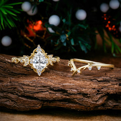 Unique Pear Shaped Engagement Ring Set Lab Diamond Cluster Wedding Band