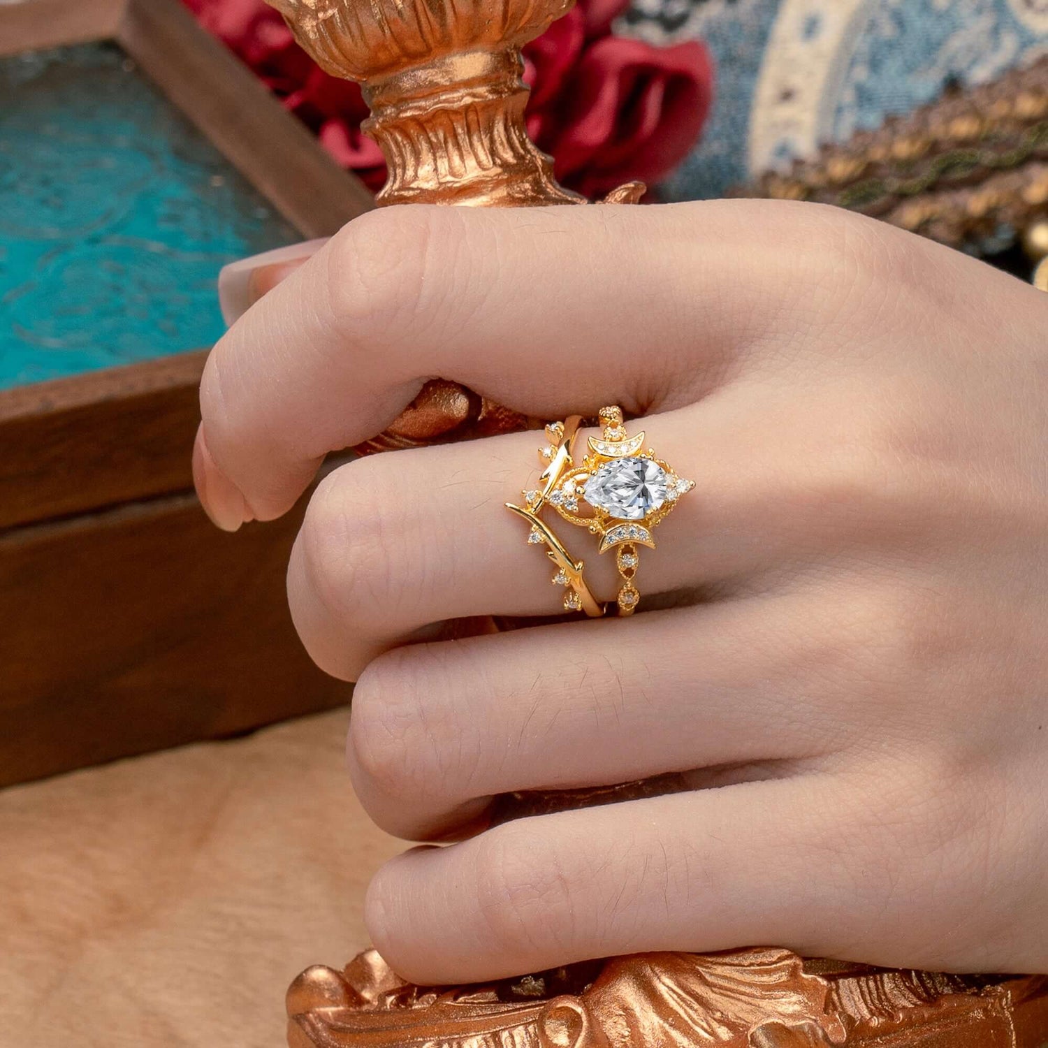 Unique Pear Shaped Lab Diamond Engagement Ring Bridal Set