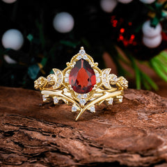 Unique Pear Shaped Engagement Ring Set Garnet Cluster Wedding Band
