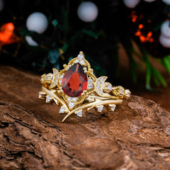 Unique Pear Shaped Engagement Ring Set Garnet Cluster Wedding Band