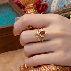 Unique Pear Shaped Engagement Ring Set Garnet Cluster Wedding Band