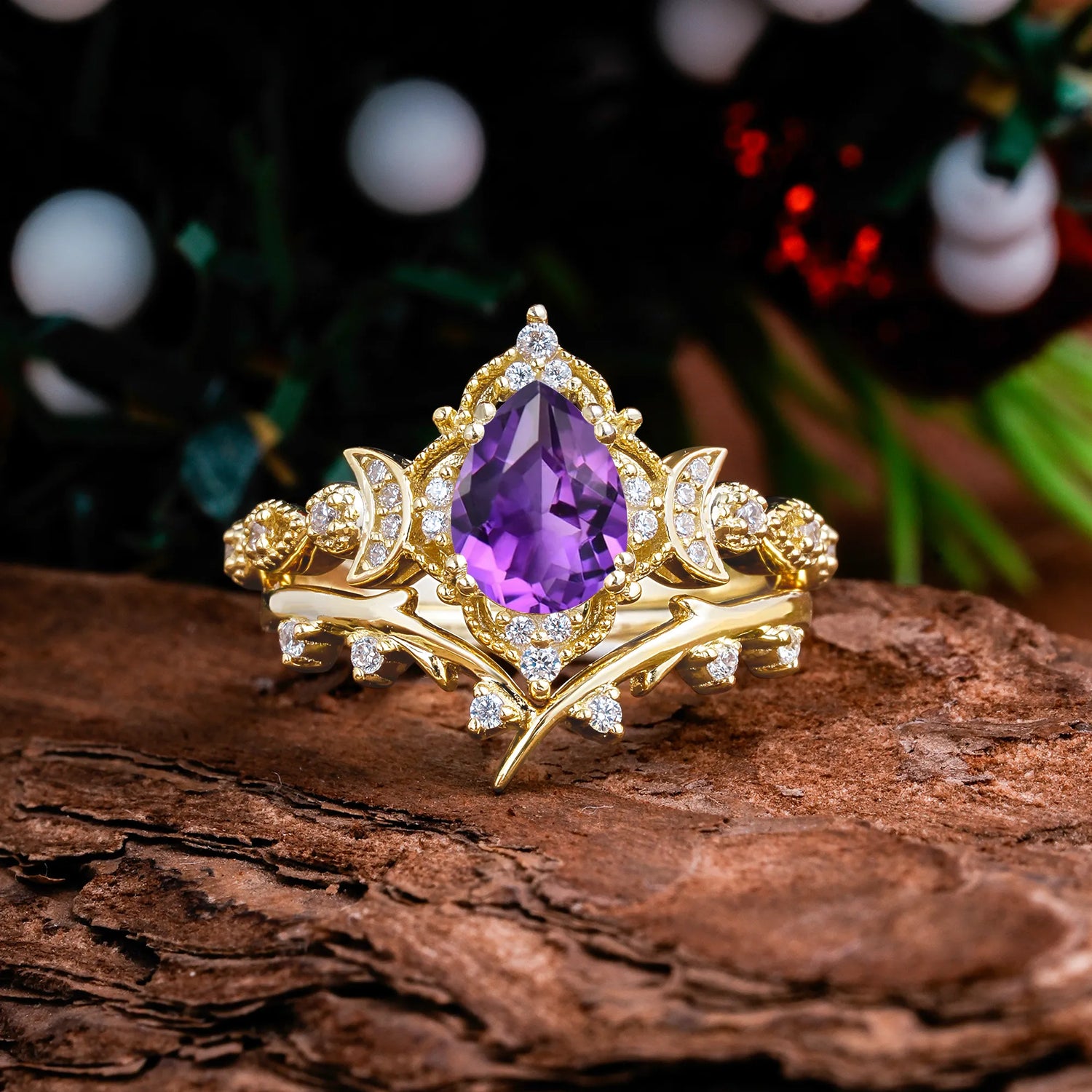 Unique Pear Shaped Amethyst Engagement Ring Bridal Set