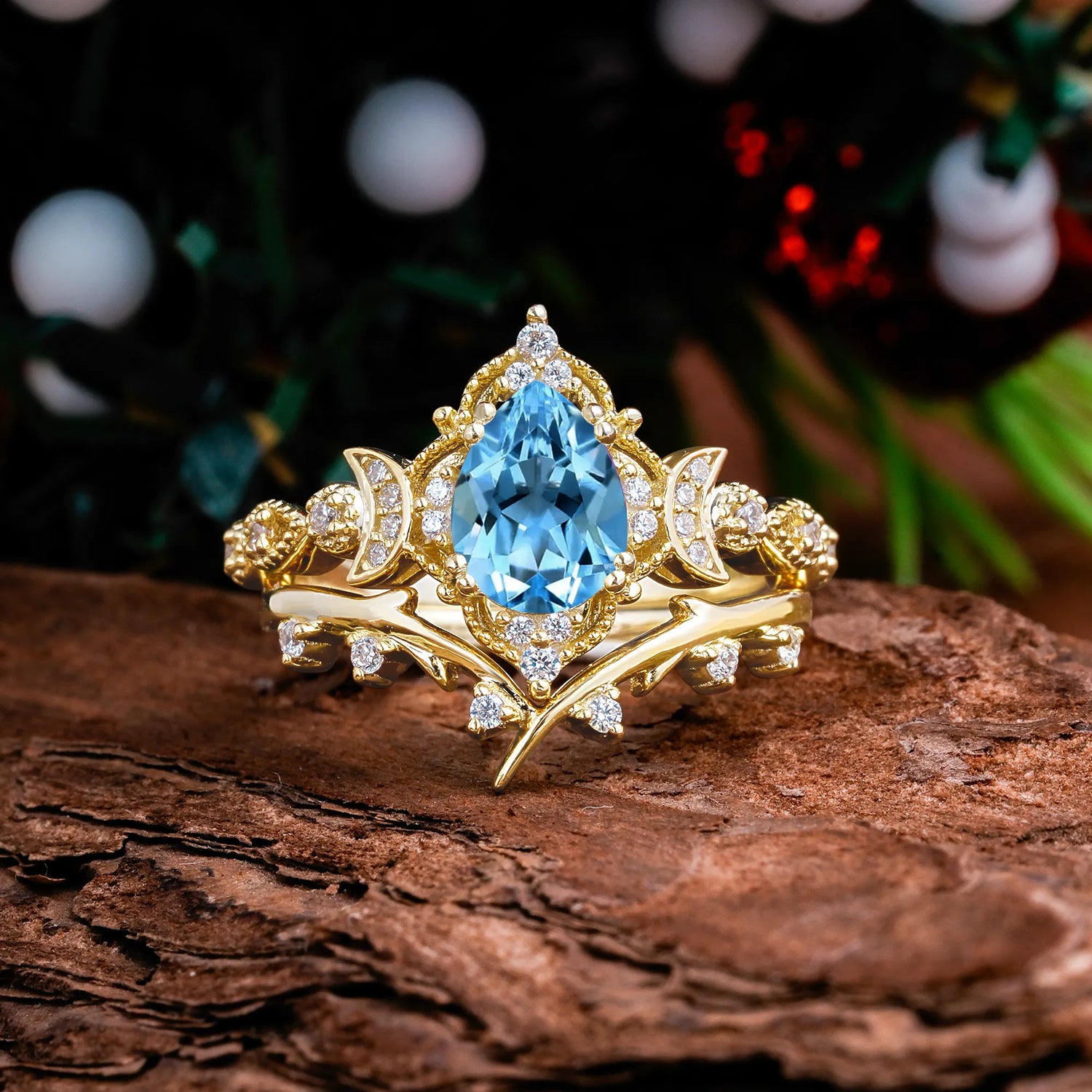 Unique Pear Shaped Aquamarine Engagement Ring Bridal Set