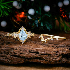 Unique Pear Shaped Engagement Ring Set Aquamarine Cluster Wedding Band