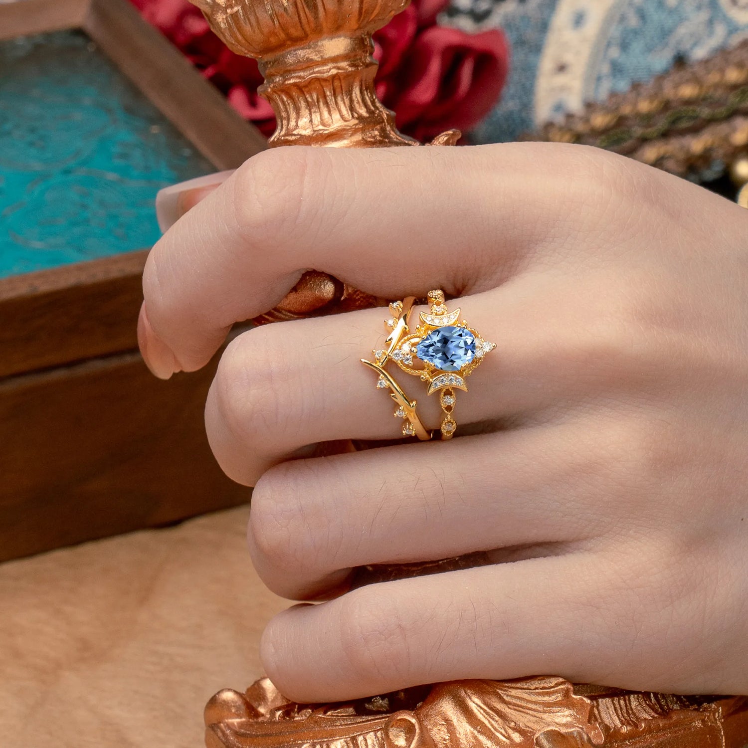 Unique Pear Shaped Aquamarine Engagement Ring Bridal Set