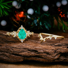 Unique Pear Shaped Engagement Ring Set Emerald Cluster Wedding Band