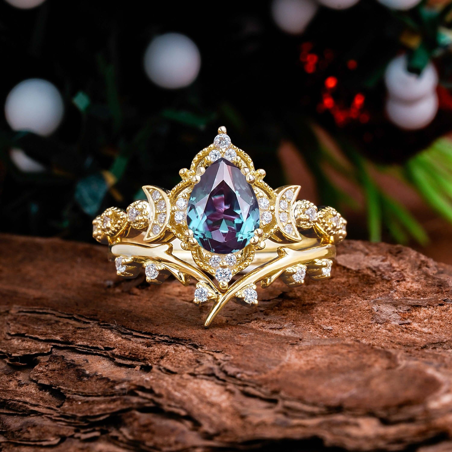 Unique Pear Shaped Alexandrite Engagement Ring Bridal Set