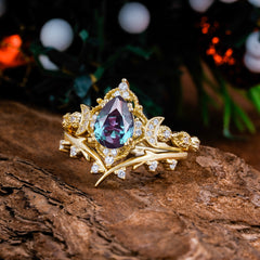 Unique Pear Shaped Engagement Ring Set Alexandrite Cluster Wedding Band