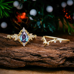 Unique Pear Shaped Engagement Ring Set Alexandrite Cluster Wedding Band