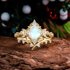 Unique Pear Shaped Engagement Ring Set Moonstone Cluster Wedding Band