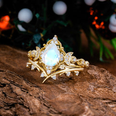 Unique Pear Shaped Engagement Ring Set Moonstone Cluster Wedding Band