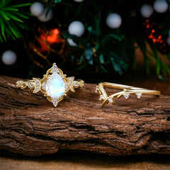 Unique Pear Shaped Engagement Ring Set Moonstone Cluster Wedding Band