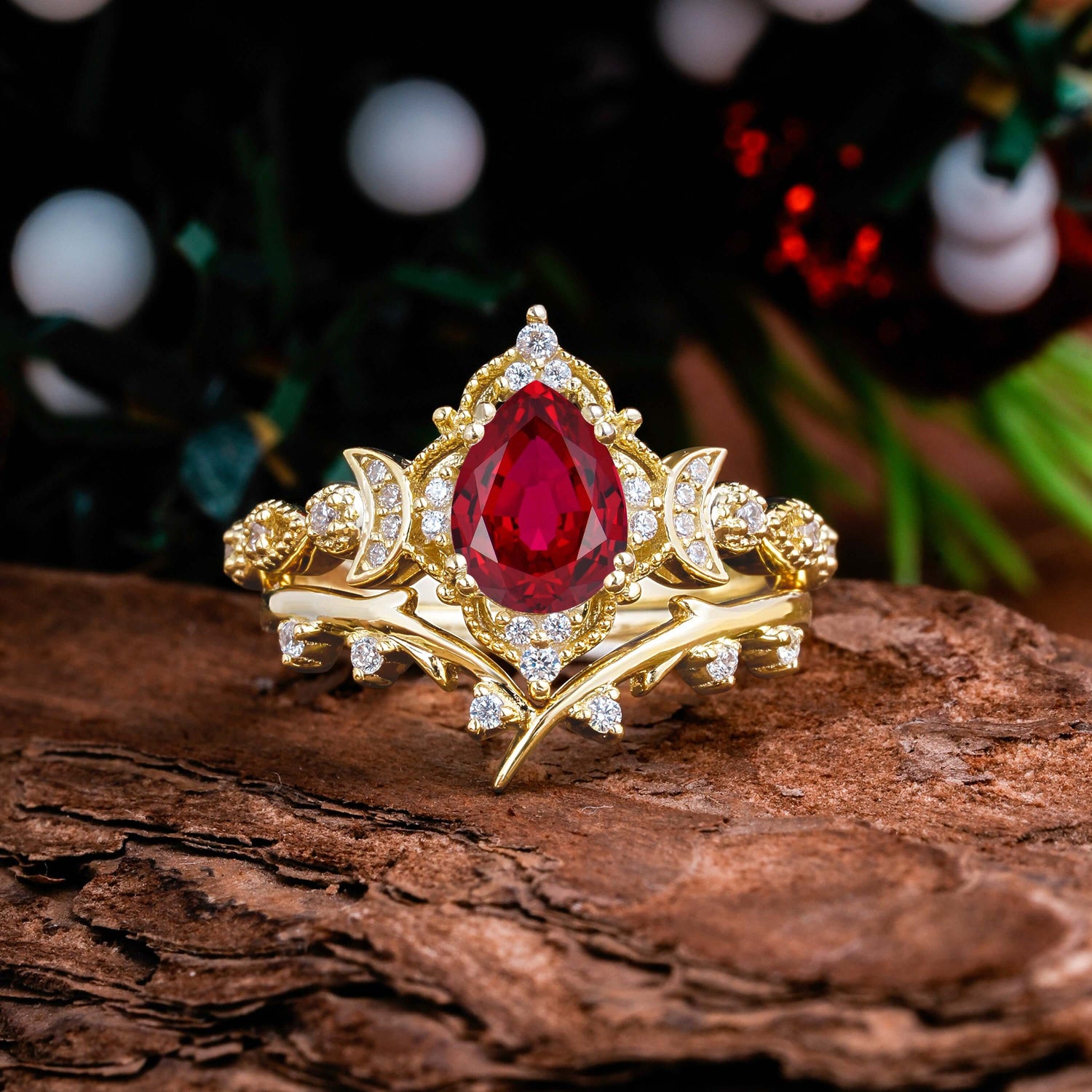 Unique Pear Shaped Engagement Ring Set Ruby Cluster Wedding Band
