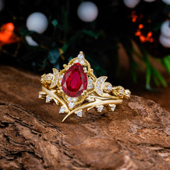 Unique Pear Shaped Engagement Ring Set Ruby Cluster Wedding Band