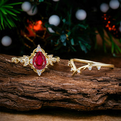 Unique Pear Shaped Engagement Ring Set Ruby Cluster Wedding Band