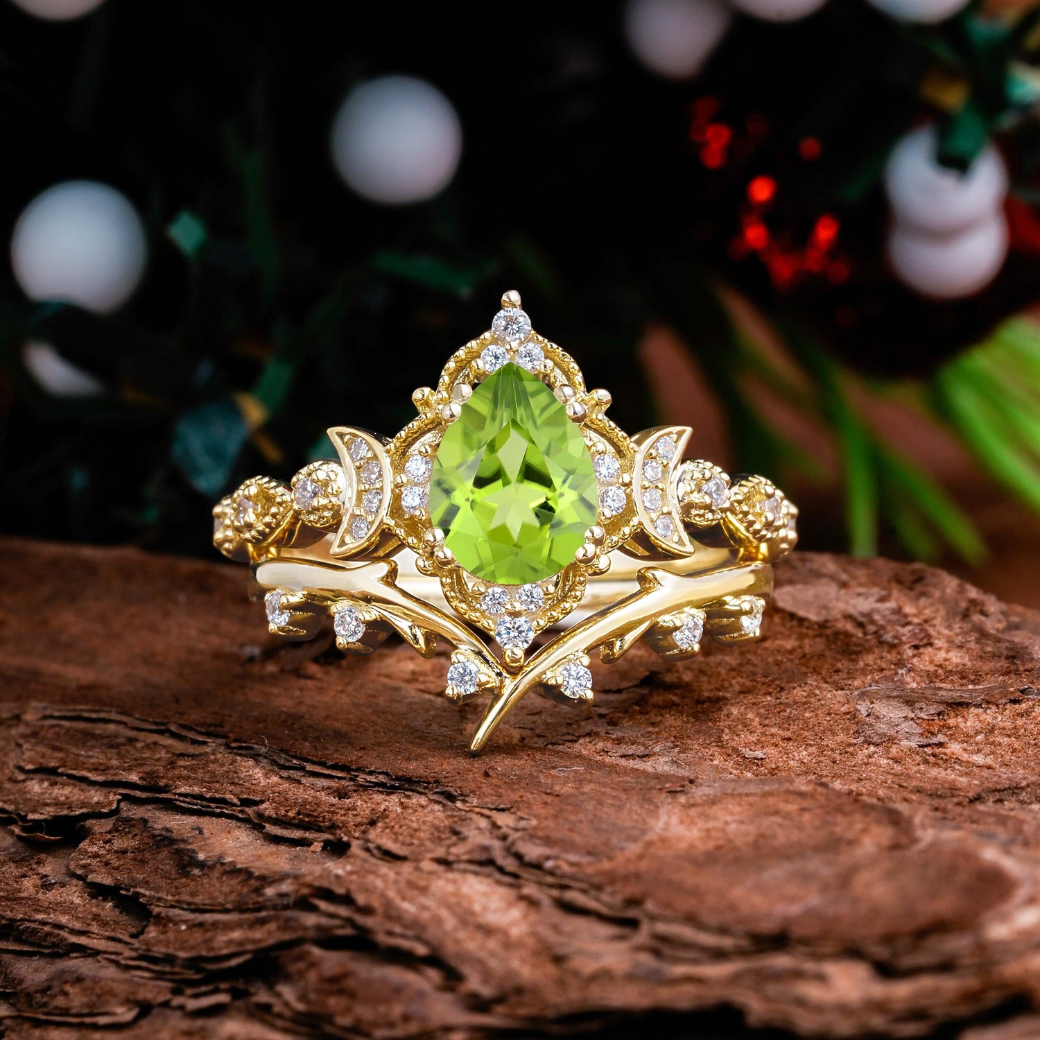 Unique Pear Shaped  Peridot Engagement Ring Bridal Set
