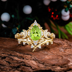 Unique Pear Shaped Engagement Ring Set Peridot Cluster Wedding Band