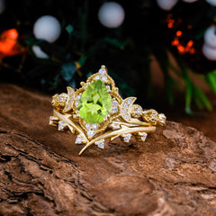 Unique Pear Shaped Engagement Ring Set Peridot Cluster Wedding Band