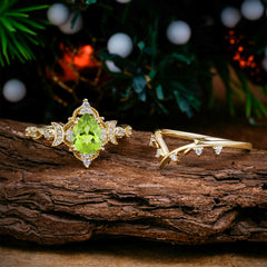 Unique Pear Shaped Engagement Ring Set Peridot Cluster Wedding Band