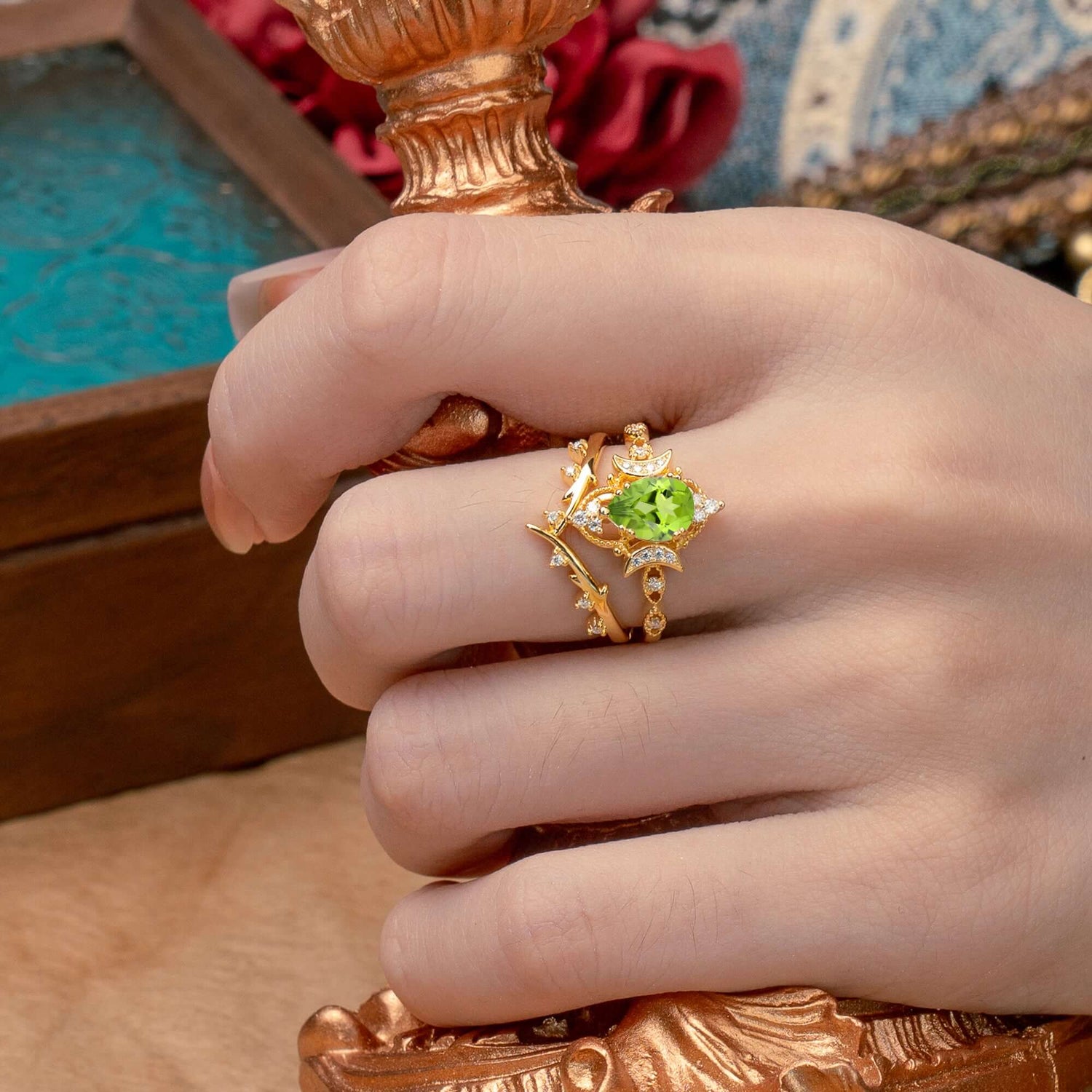Unique Pear Shaped  Peridot Engagement Ring Bridal Set