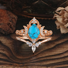 Elegant 5 Prong Pear-Cut Turquoise Engagement Ring Set