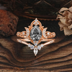 Elegant 5 Prong Pear-Cut Black Rutilated Quartz Engagement Ring Set