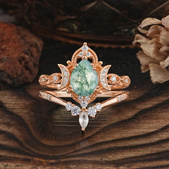 Elegant 5 Prong Pear-Cut Natural Moss Agate Engagement Ring Set