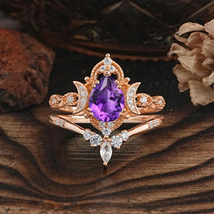Elegant 5 Prong Pear-Cut Amethyst Engagement Ring Set