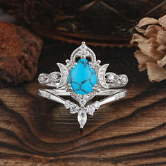 Elegant 5 Prong Pear-Cut Turquoise Engagement Ring Set