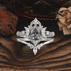 Elegant 5 Prong Pear-Cut Black Rutilated Quartz Engagement Ring Set