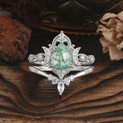Elegant 5 Prong Pear-Cut Natural Moss Agate Engagement Ring Set