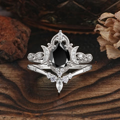 Elegant 5 Prong Pear-Cut Black Onyx Engagement Ring Set