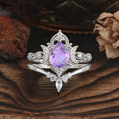 Elegant 5 Prong Pear-Cut Amethyst Engagement Ring Set