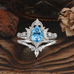 Elegant 5 Prong Pear-Cut Aquamarine Engagement Ring Set