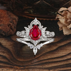 Elegant 5 Prong Pear-Cut Ruby Engagement Ring Set