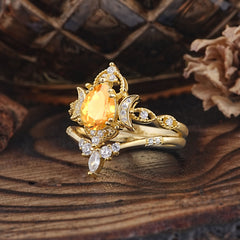 Elegant 5 Prong Pear-Cut Citrine Engagement Ring Set